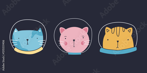 Cute cats in spacesuits, vector illustration on dark cosmic background, whimsical and playful