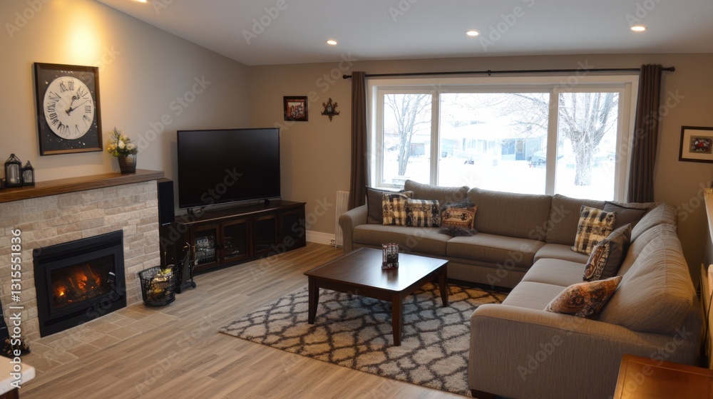 Renovated family room with fresh, neutral colors, new furniture, and updated lighting in a cozy layout Renovated family room with fresh, neutral colors, new furniture, and updated lighting in a cozy layout