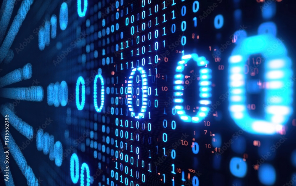 Abstract digital background with glowing blue binary code. Data streams radiate outwards, creating a dynamic and technological feel. The focus is on large, illuminated zeros and ones Abstract digital background with glowing blue binary code. Data streams radiate outwards, creating a dynamic and technological feel. The focus is on large, illuminated zeros and ones