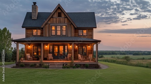 Rustic wooden home in the countryside with a large front porch, rocking chairs, and warm lighting