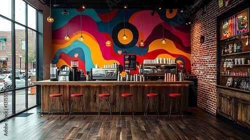 Vibrant Coffee Shop Interior with Colorful Mural Wooden Bar and Espresso Machines