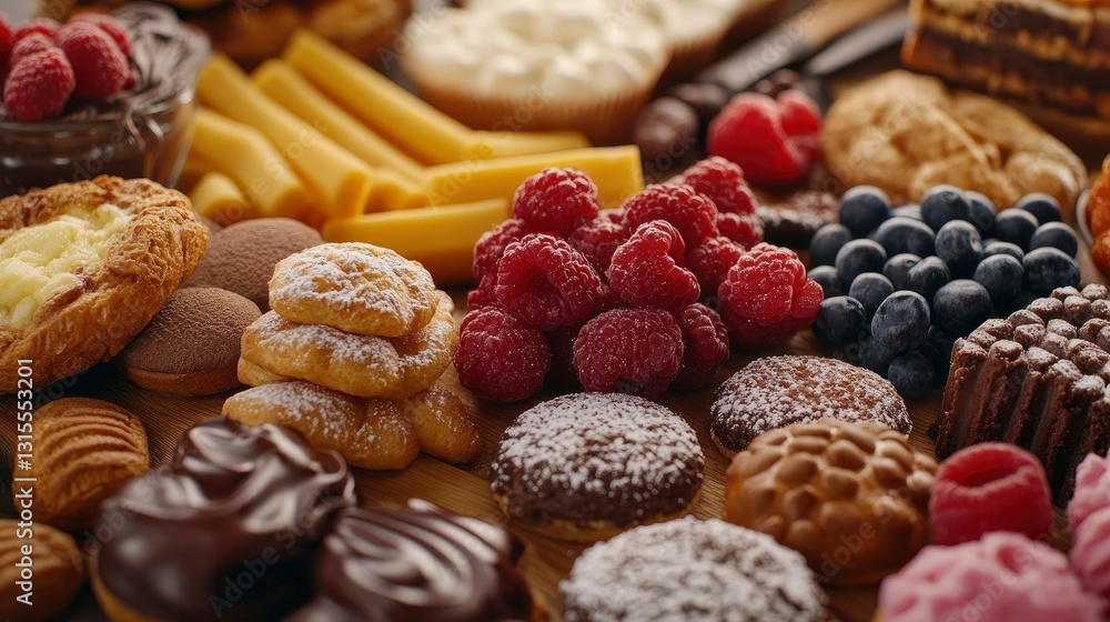 Delicious Assortment of Pastries, Cakes, and Berries on Wooden Board Delicious Assortment of Pastries, Cakes, and Berries on Wooden Board