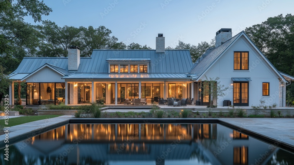 Serene countryside home with a pond, reflecting trees and sky, creating a peaceful rural escape Serene countryside home with a pond, reflecting trees and sky, creating a peaceful rural escape