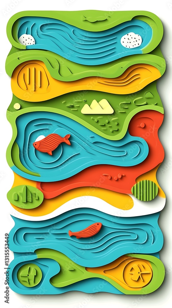 Artistic river ecosystem with layered design, creative habitat portrayal Artistic river ecosystem with layered design, creative habitat portrayal