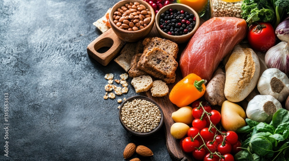 Diverse and Nutritious Foods on Dark Background Healthy Eating Concept Diverse and Nutritious Foods on Dark Background Healthy Eating Concept