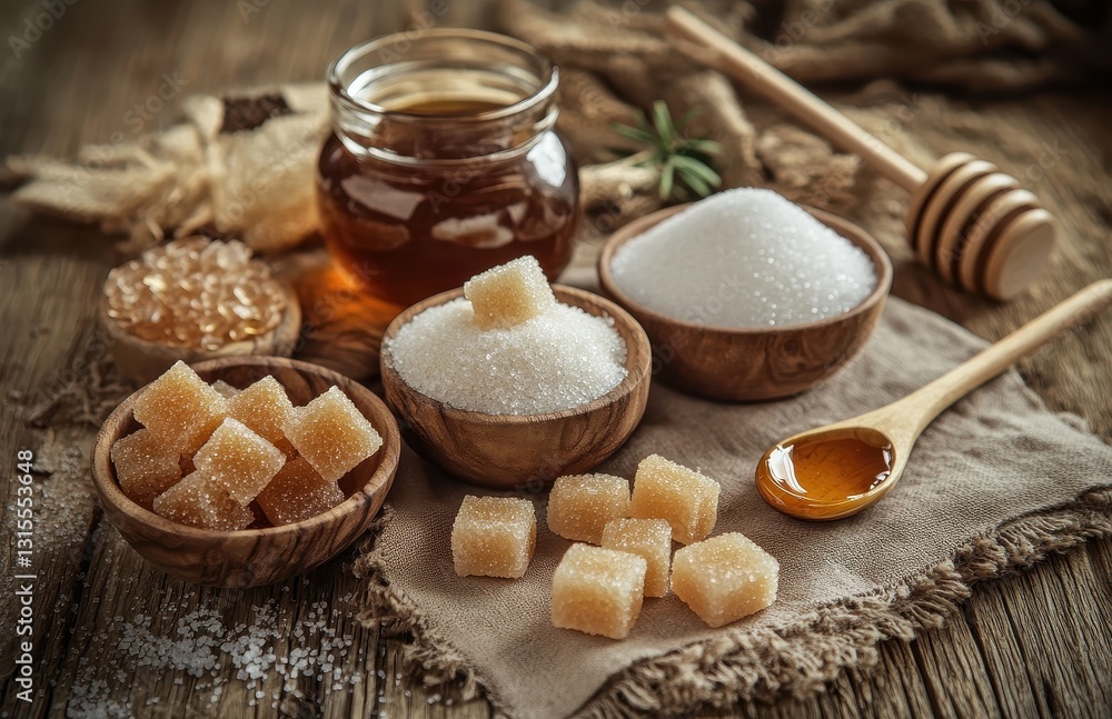 Natural Sweeteners and Sugars in Rustic Decorative Bowls with Honey Jar on Wooden Table Surrounded by Natural Elements Natural Sweeteners and Sugars in Rustic Decorative Bowls with Honey Jar on Wooden Table Surrounded by Natural Elements