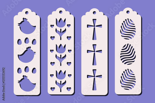Easter vertical bookmarks with chicken, tulips, cross and eggs. Laser cut template. Decorative bookmark stencil for paper, wood and metal cutting. Vector design