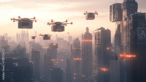 Futuristic metropolis with autonomous drone delivery systems reshaping urban logistics