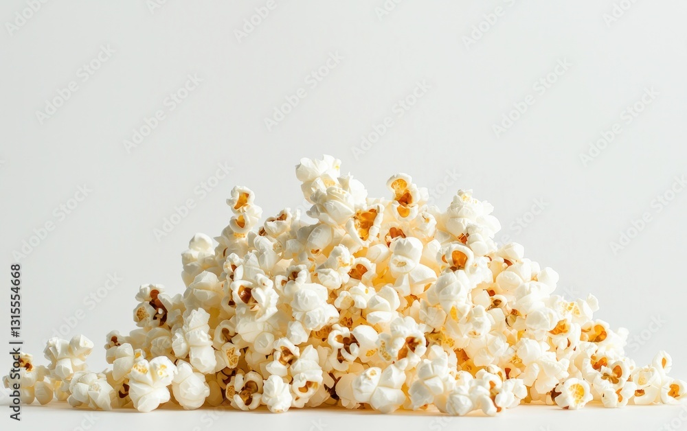A large pile of popcorn sits on a white background. The popcorn is fluffy and light, with a slightly browned color in some areas A large pile of popcorn sits on a white background. The popcorn is fluffy and light, with a slightly browned color in some areas