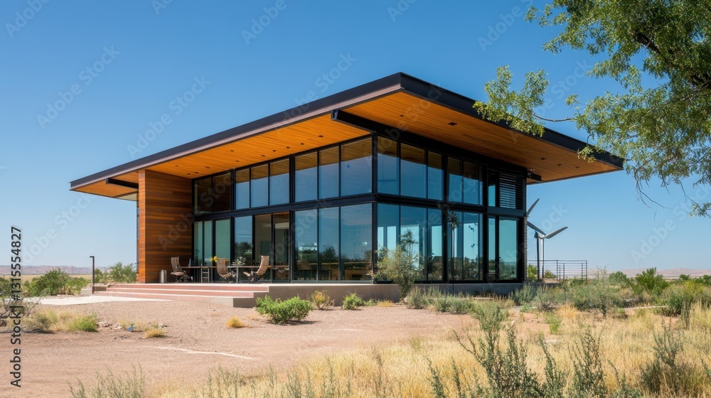Stylish zero-carbon home with wind and solar power, energy-efficient glass walls, and optimized insulation Stylish zero-carbon home with wind and solar power, energy-efficient glass walls, and optimized insulation