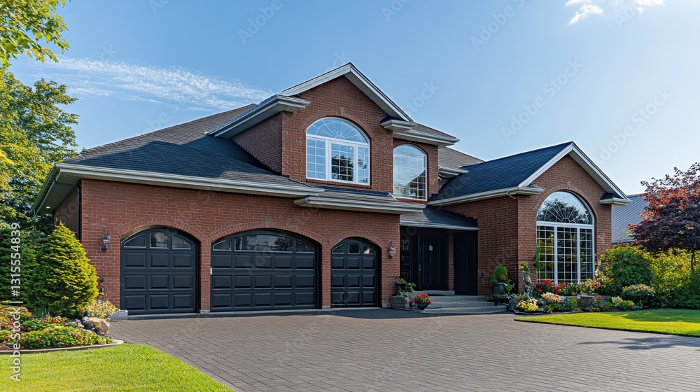 Suburban two-story house with a double garage, brick exterior, and a large front-facing window Suburban two-story house with a double garage, brick exterior, and a large front-facing window