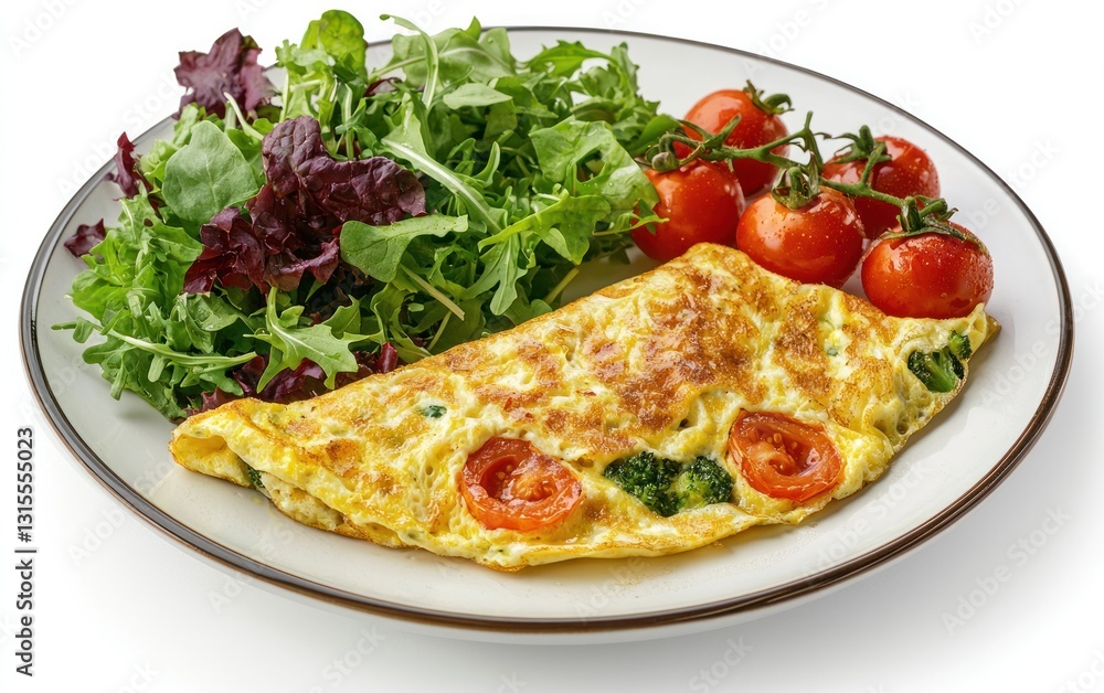 A delicious omelet filled with broccoli and cherry tomatoes, served with a side salad and more cherry tomatoes. The dish is presented on a light beige plate against a white background A delicious omelet filled with broccoli and cherry tomatoes, served with a side salad and more cherry tomatoes. The dish is presented on a light beige plate against a white background