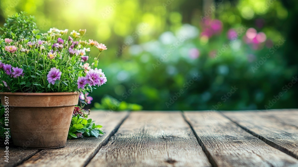 Vibrant Spring Flowers in Terracotta Pot on Rustic Wooden Deck with Blurred Garden Background Vibrant Spring Flowers in Terracotta Pot on Rustic Wooden Deck with Blurred Garden Background