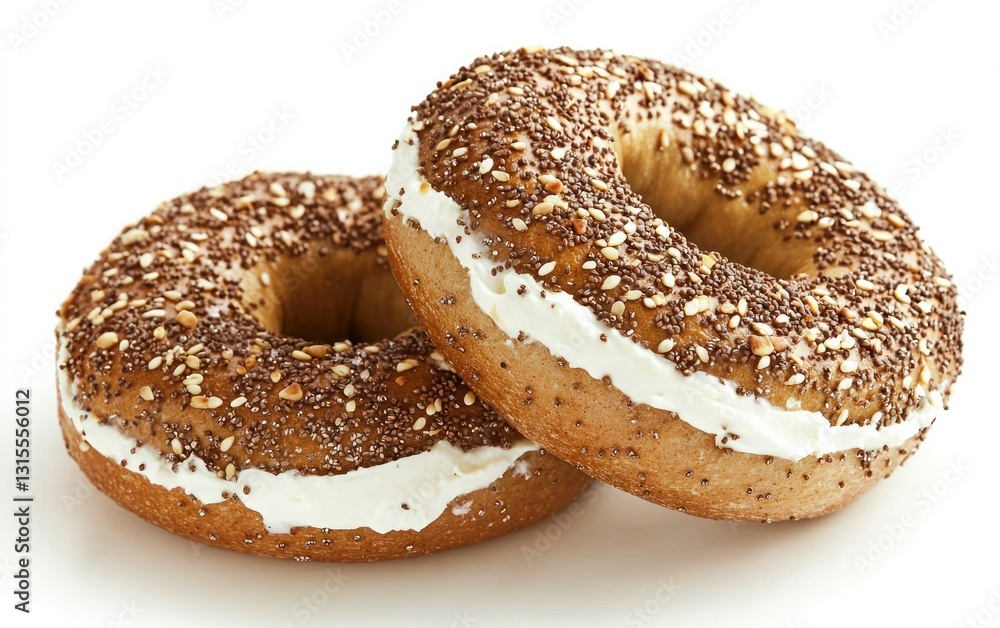 Two everything bagels with cream cheese, on white background. Close-up, studio shot. Food photography Two everything bagels with cream cheese, on white background. Close-up, studio shot. Food photography
