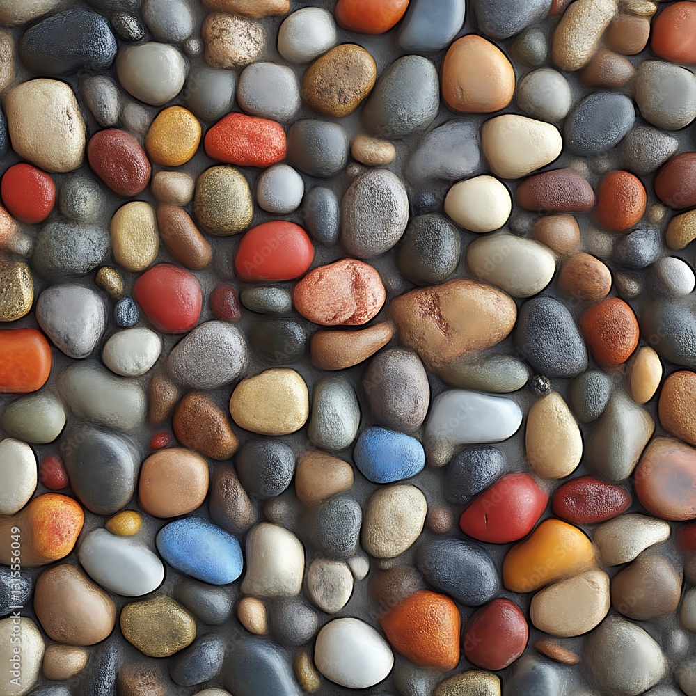 A colorful arrangement of smooth rounded river rocks on display A colorful arrangement of smooth rounded river rocks on display