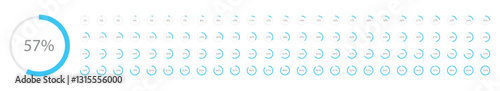 Set of round blue infographic pie charts, template segment of circle icons 0% - 100%, simple flat design loading data interface elements app button ui ux web, vector isolated on white background