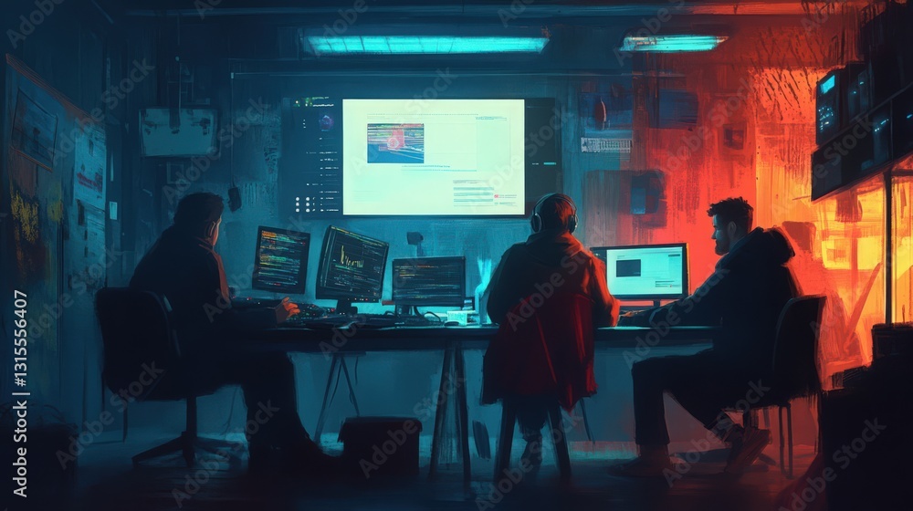 Teamwork in a dark lit coding room with multiple screens and computers Teamwork in a dark lit coding room with multiple screens and computers