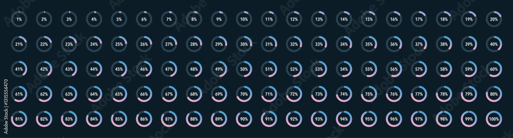 Set of blue pink gradient infographic pie charts template, segment of round icons 0% - 100%, simple flat design loading data interface elements app button ui web, vector isolated on dark background Set of blue pink gradient infographic pie charts template, segment of round icons 0% - 100%, simple flat design loading data interface elements app button ui web, vector isolated on dark background
