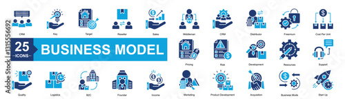 Business Model Icon Sheet CRM, Quality, Pricing, Key, Target, Reseller, Sales, Middleman, CRM, Distributor, Freemium, Cost Per Unit, Logistics, B2C