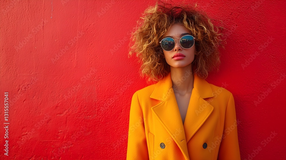 Stylish Woman in Yellow Coat Leaning on Red Wall Stylish Woman in Yellow Coat Leaning on Red Wall