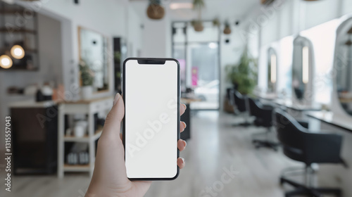 Female hand holding smartphone in modern hair salon with blank screen display, Mockup