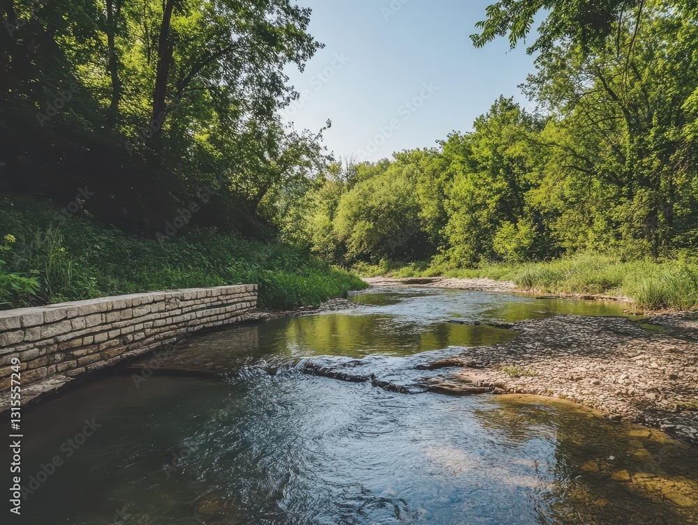 Fototapeta premium Serene Landscape of Clear Stream Flowing Through Lush Green Forest Under Bright Blue Sky in Summer Season