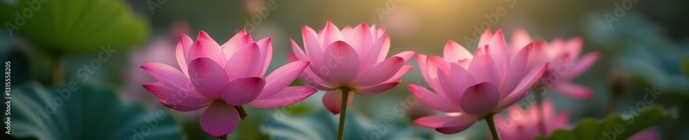 Pink lotus flowers in full bloom with dew drops, morning freshness, aquatic flora, floral abundance Pink lotus flowers in full bloom with dew drops, morning freshness, aquatic flora, floral abundance
