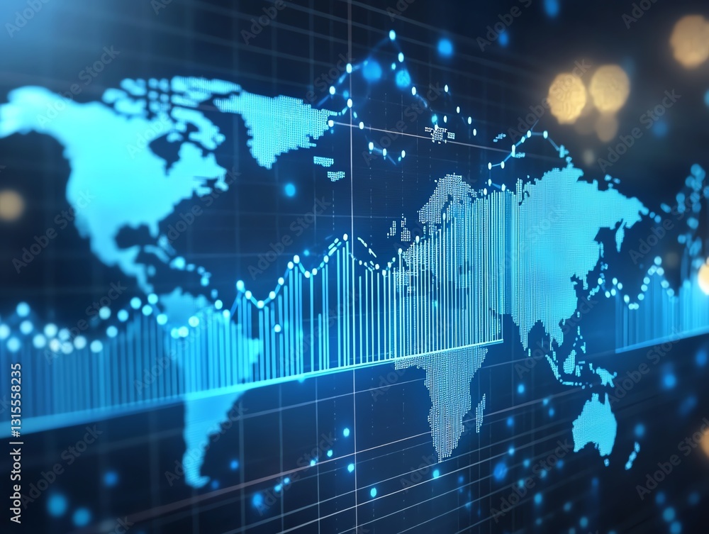 Financial chart with blue bar graph and line overlaid on world map background 3D Rendering Financial chart with blue bar graph and line overlaid on world map background 3D Rendering