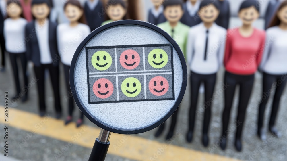 Fototapeta premium Minimal concept of Service quality assessment concept, digital rating system with emoticon choices, a focused zoom on the happiest face through a magnifying glass, warm and inviting colors,