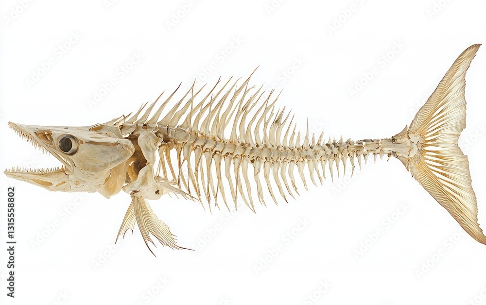 Obraz premium Detailed close-up of a fish skeleton, showcasing intricate bone structure against a white background. The skeleton is light beige with subtle brown variations, showing fine details of the vertebrae