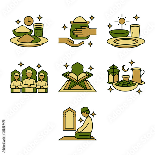 Filled line art icons in olive green and gold, depicting Ramadan worship, including suhoor, zakat, fasting, prayer, Quran reading, iftar, and i'tikaf. Ideal for promotions, web, and print media.