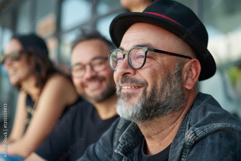 Portrait of a smiling senior hipster man with friends in the background Portrait of a smiling senior hipster man with friends in the background