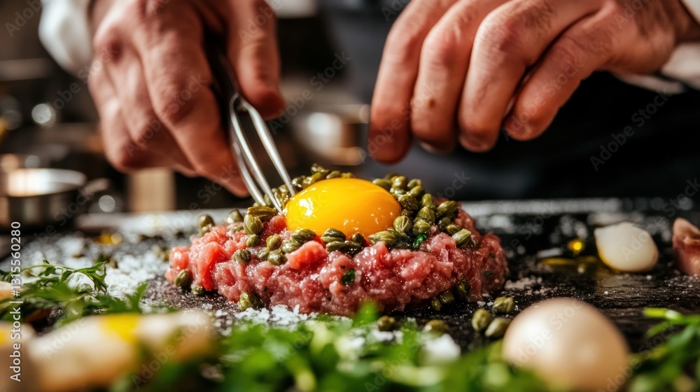 Chef meticulously prepares classic steak tartare with fresh ingredients for gourmet dish