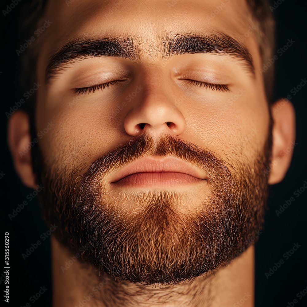 Obraz premium Calm man meditating with closed eyes and beard.