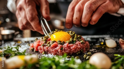 Chef meticulously prepares classic steak tartare with fresh ingredients for gourmet dish