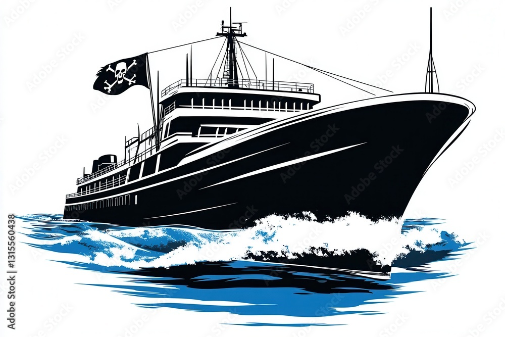 Black Pirate Ship with Skull Flag Sailing on Ocean Waves Black Pirate Ship with Skull Flag Sailing on Ocean Waves