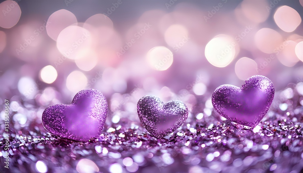 Obraz premium Purple heart decorations on glittery surface with soft bokeh background in romantic pink tones, creating dreamy Valentine's Day or wedding atmosphere.
