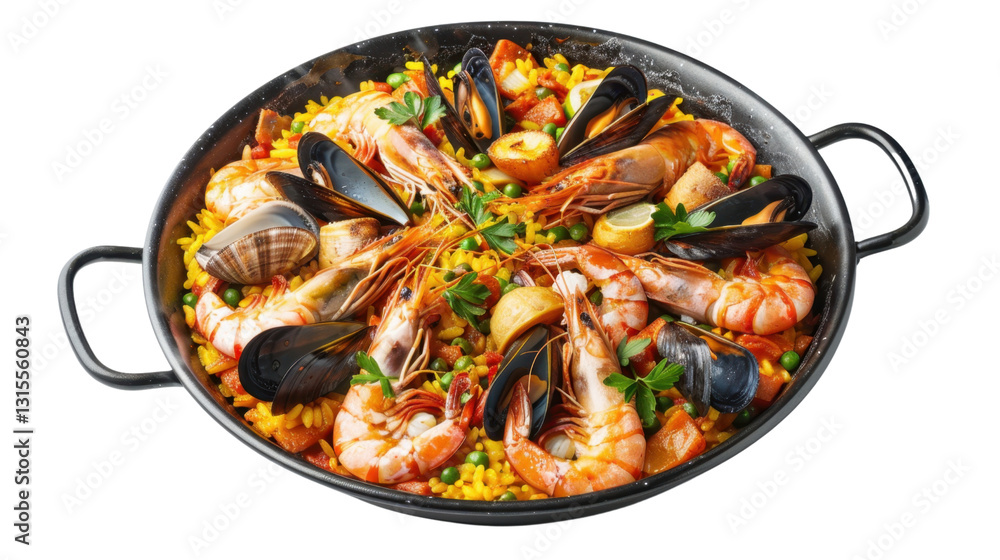 Delicious steaming hot paella with prawns, mussels, clams and lemon, isolated on transparent background Delicious steaming hot paella with prawns, mussels, clams and lemon, isolated on transparent background