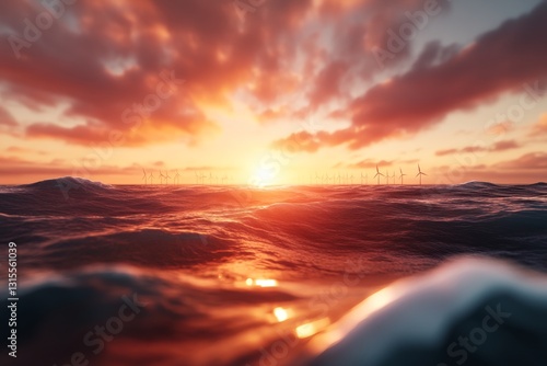 A 3D-rendered image of an offshore wind farm, with turbines rising from crystal-clear water under a vibrant sunset sky