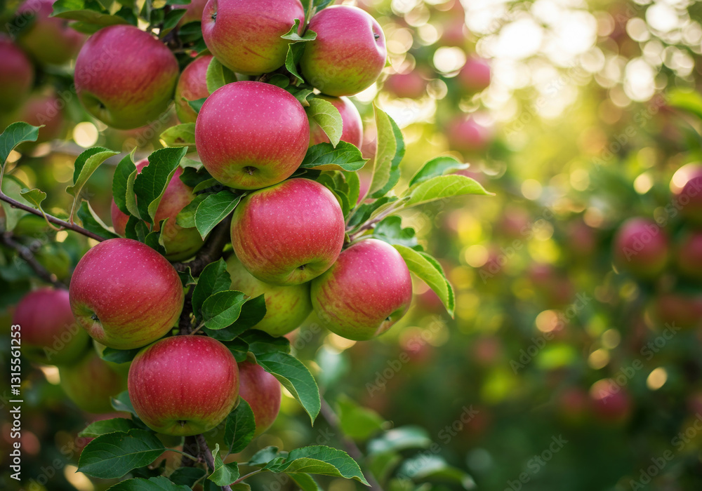 Organic apples hanging from a tree branch in an apple orchard Organic apples hanging from a tree branch in an apple orchard