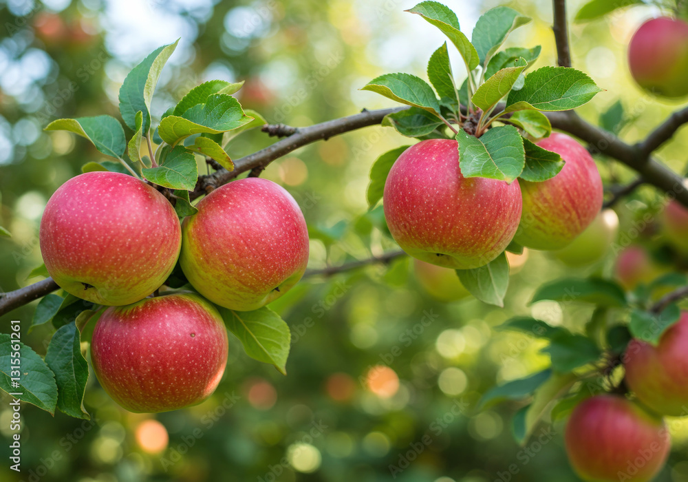 Organic apples hanging from a tree branch in an apple orchard Organic apples hanging from a tree branch in an apple orchard