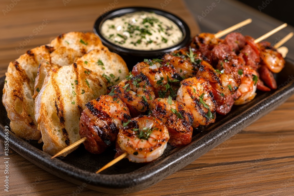 A beautifully arranged tapas platter with shrimp skewers, mini chorizo bites, and sliced bread on a rustic table A beautifully arranged tapas platter with shrimp skewers, mini chorizo bites, and sliced bread on a rustic table