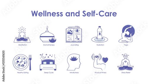 Vector icon set for Mental and Physical Wellness. Features yoga, mindfulness, journaling, and stress relief symbols.