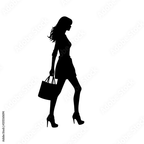 Vector illustration. Black silhouette on white background. Woman walking sideways.