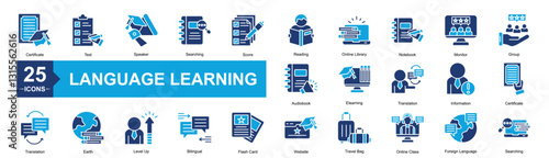 Language Learning Icon Sheet Certificate, Translation, Audiobook, Test, Speaker, Searching, Score, Reading, Online Library, Notebook, Monitor, Group