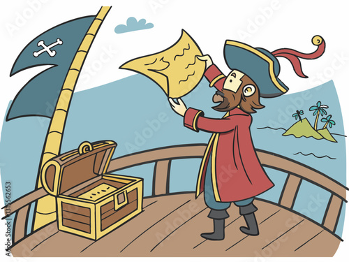 Vector illustration of a Pirate Searching for Treasure with Map