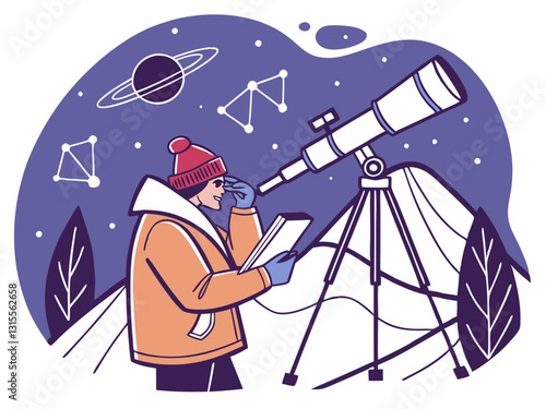 Vector illustration of a Astronomer Observing Stars with Telescope