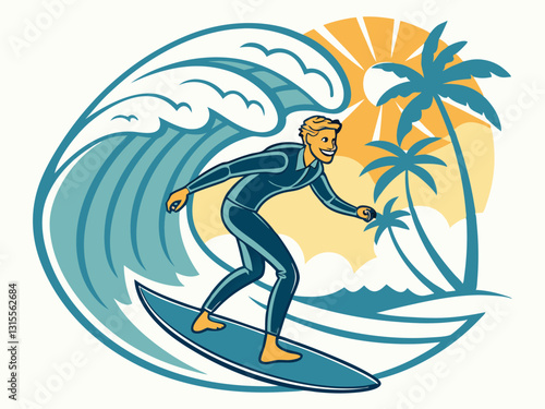 Vector illustration of a Surfer Riding Waves in Ocean