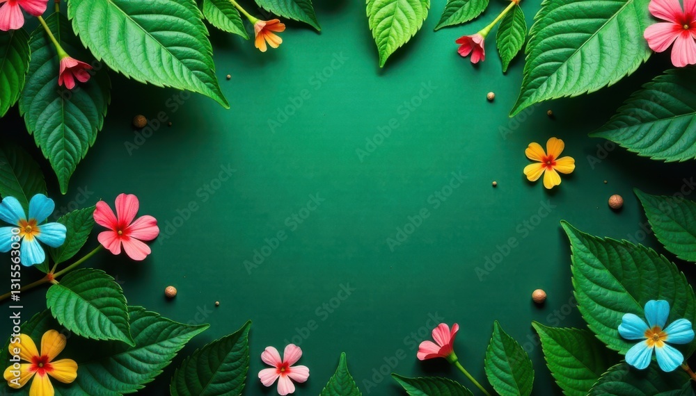 Fototapeta premium Green leaf texture with scattered colorful blooms amidst it, leafy, flowers, colors
