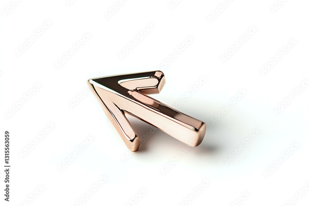 Metallic rose gold arrow pointing upward on white background, modern minimalist design element for digital and print media, isolated object. Metallic rose gold arrow pointing upward on white background, modern minimalist design element for digital and print media, isolated object.